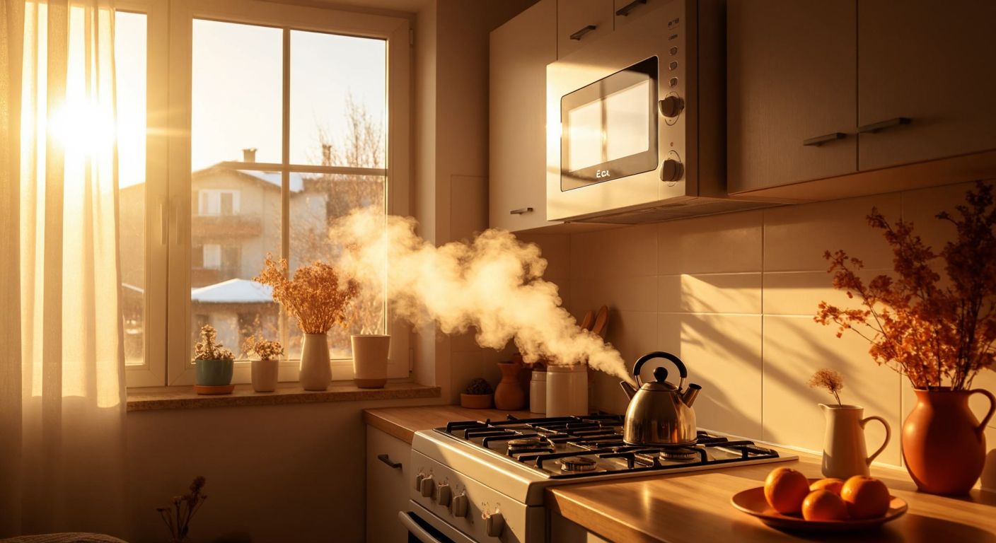 A cozy Turkish home in winter, with a modern E.C.A. Confeo boiler mounted on a warm-toned wall, its dials set to a comfortable temperature, while steam rises from a kettle on the stove and sunlight streams through frost-touched windows.