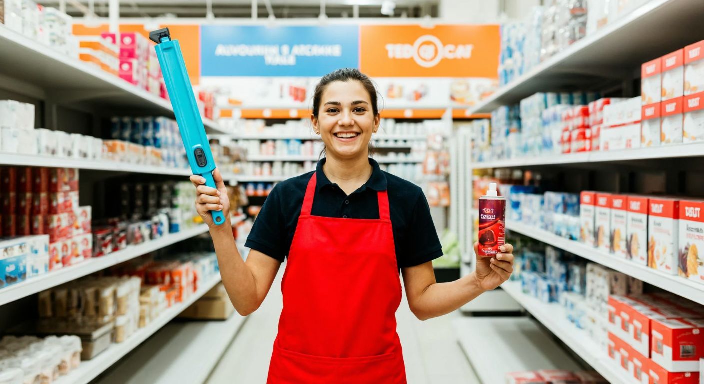 A cheerful Tedi store employee in a bright red apron holds up a long kitchen lighter with a blue handle, surrounded by neatly organized shelves of household goods in a well-lit Turkish retail setting.