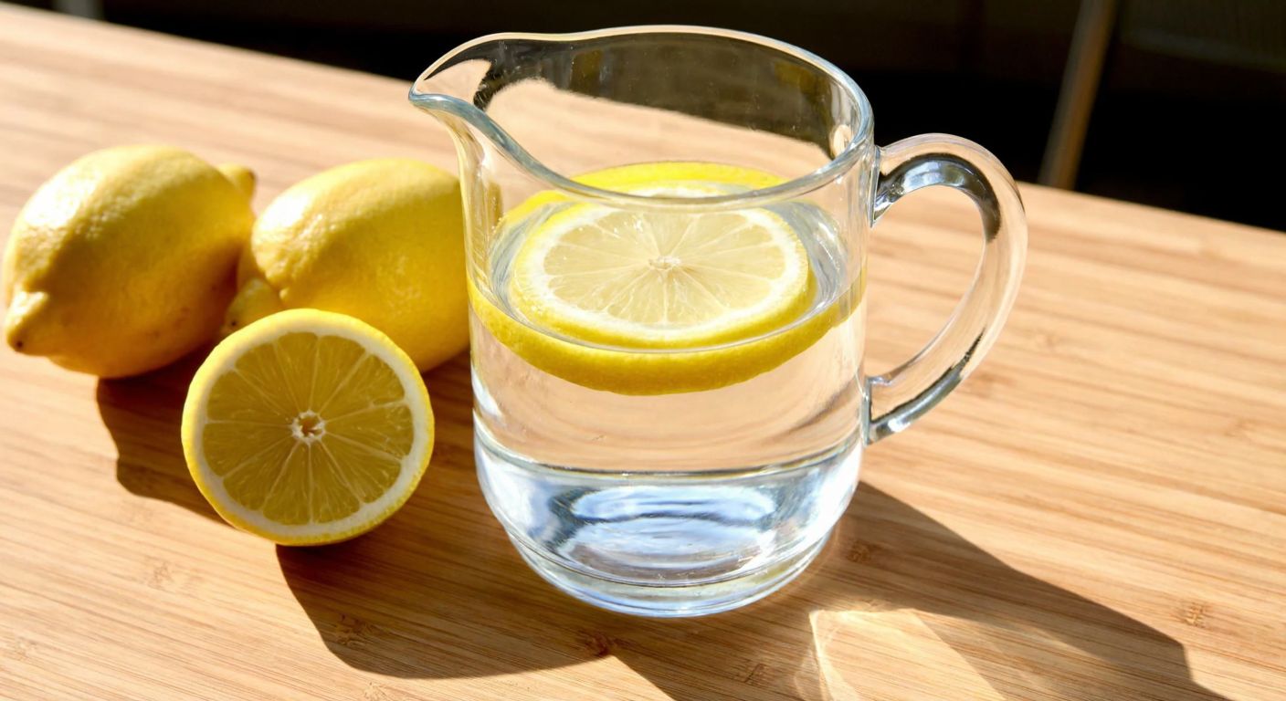 A clear glass pitcher filled with water and a quarter of a lemon squeezed into it, resting on a sunlit wooden table with fresh lemon slices nearby.