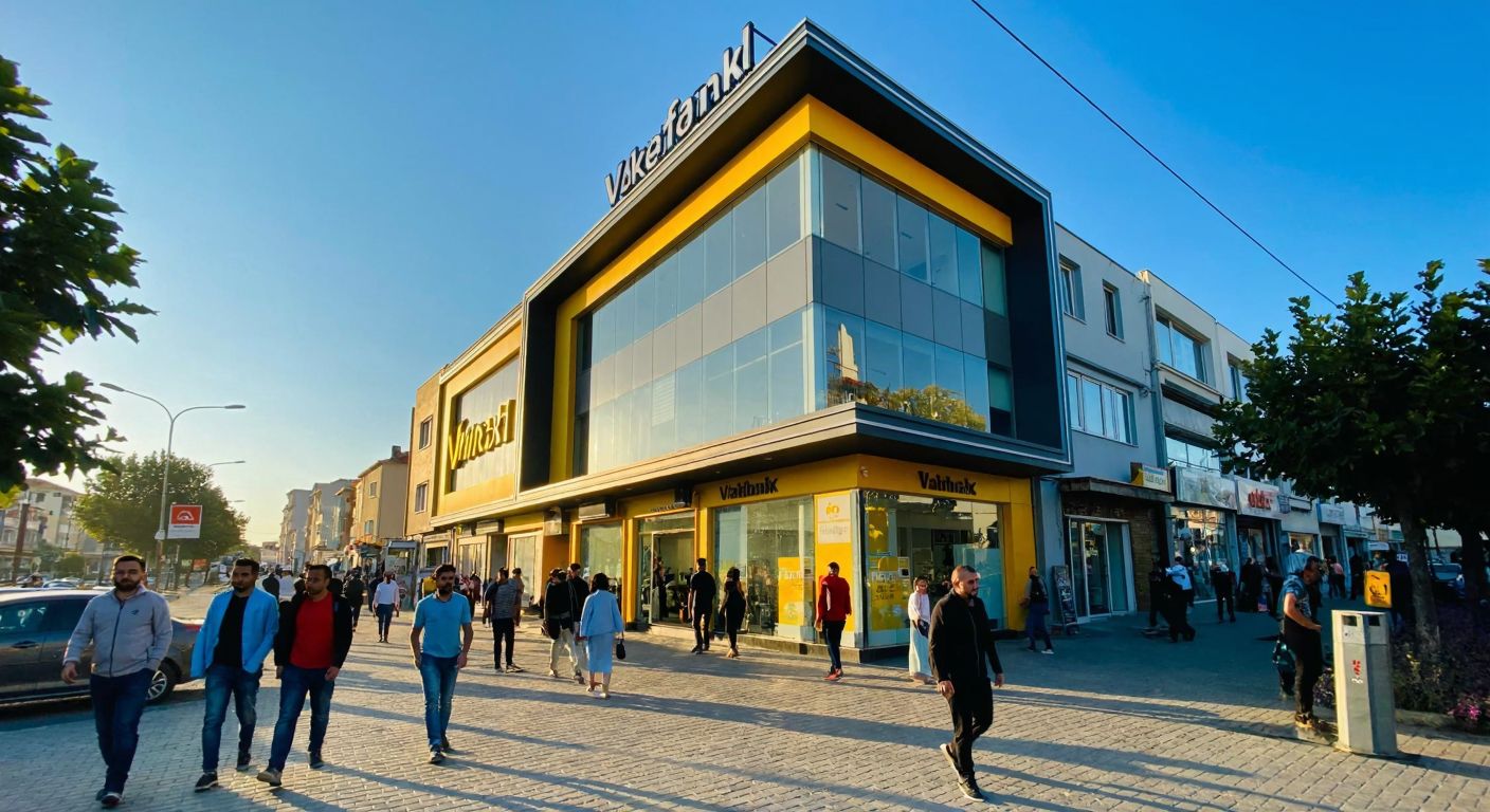 A bustling street in Çerkezköy with a modern VakıfBank branch nestled among small shops, its glass facade reflecting the warm sunlight, while pedestrians in casual attire walk past under a clear blue sky.