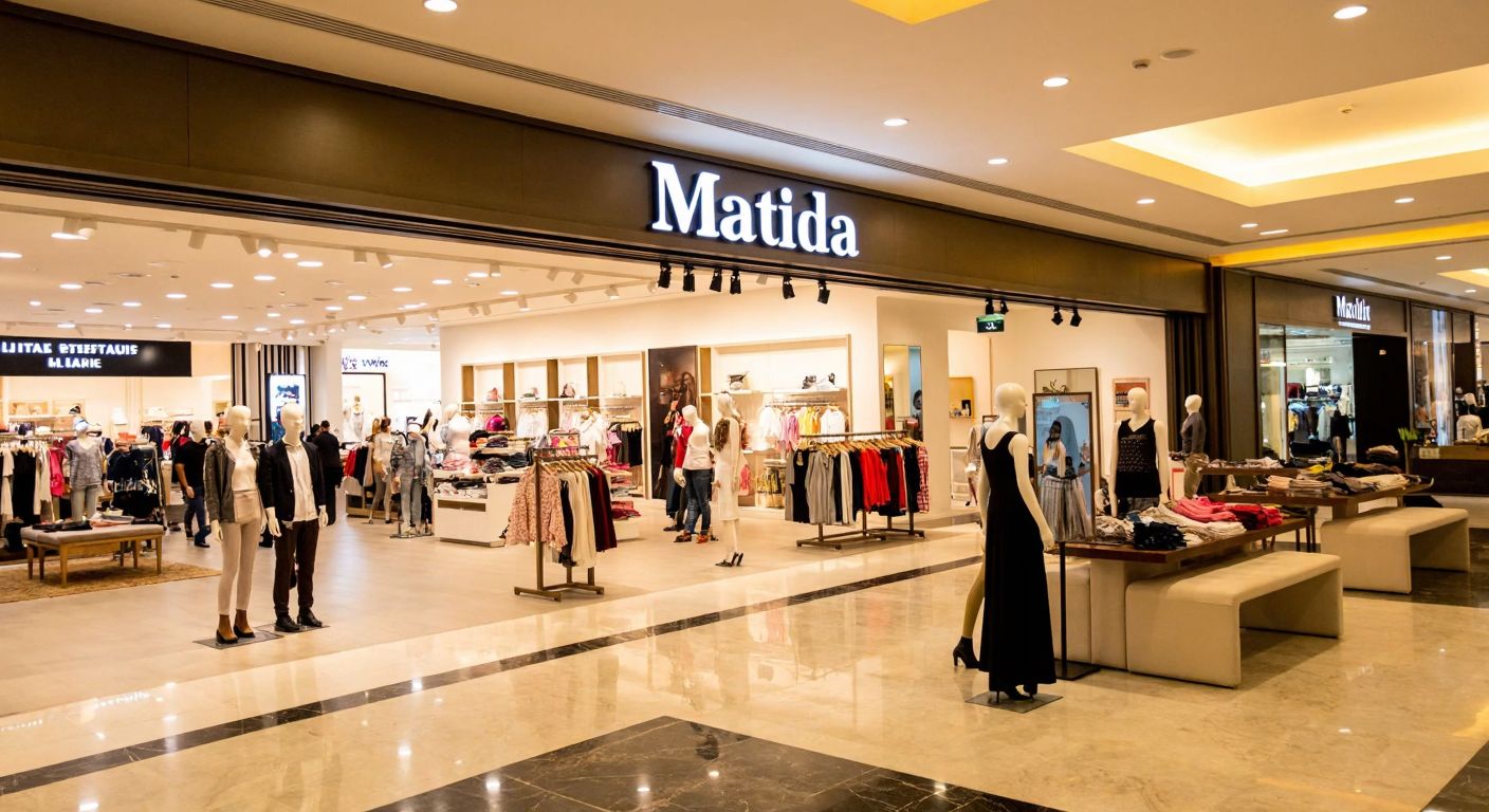 A bustling shopping mall interior with a stylish clothing store labeled "Matilda," featuring mannequins in trendy outfits and shoppers browsing racks, set in a modern Turkish shopping center with warm lighting and marble floors.