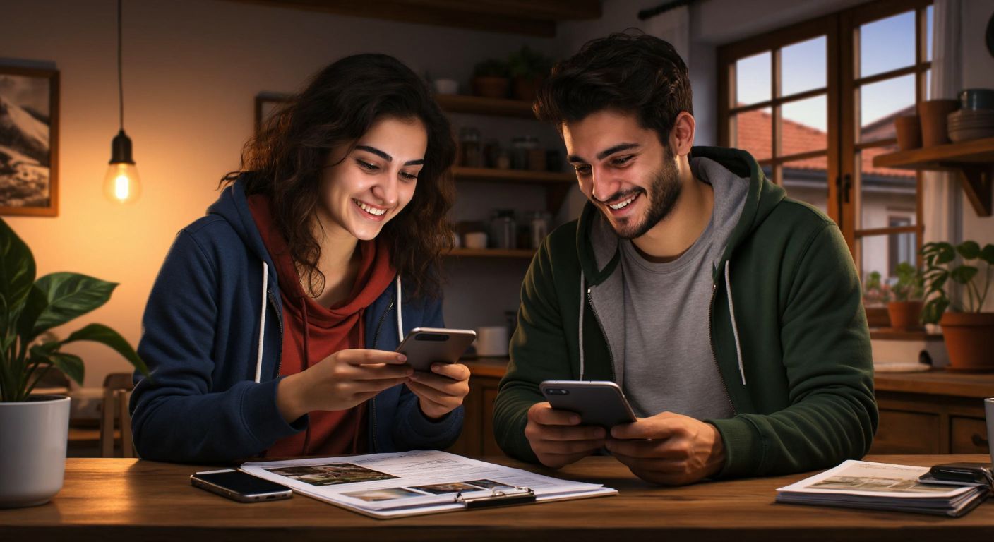 A young Turkish couple sits at a wooden table in a cozy home, one holding a smartphone with a government website open while the other reviews documents, both smiling with hopeful anticipation.