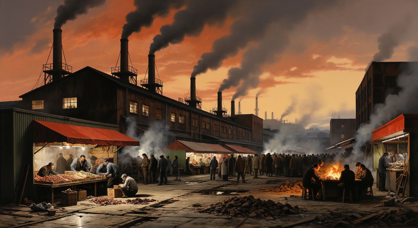 A cracked, downward-sloping graph floating over a factory with smokeless chimneys and unemployed workers sitting outside, while a market stall displays rising prices on goods.