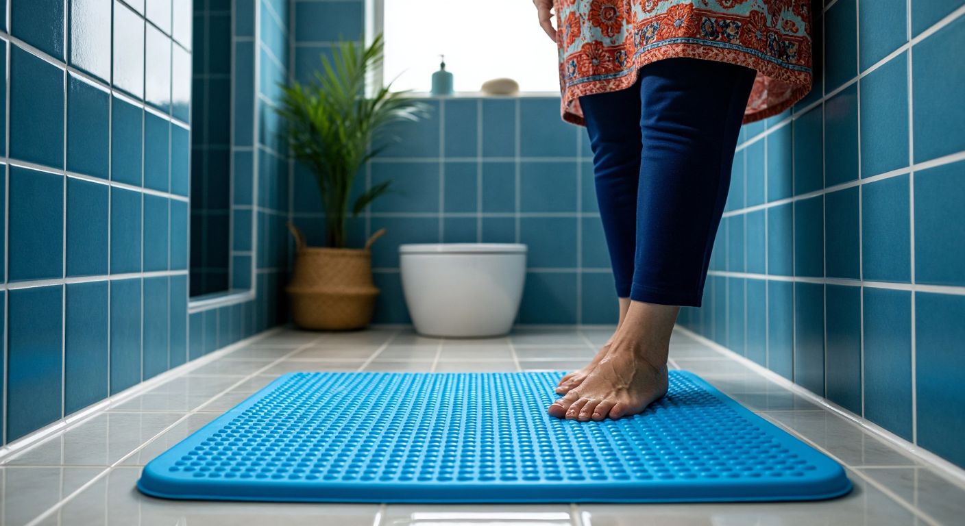 A bright blue rubber bath mat with suction cups firmly gripping the wet tiles of a Turkish bathroom, while a smiling elderly woman steps safely onto it from the shower.