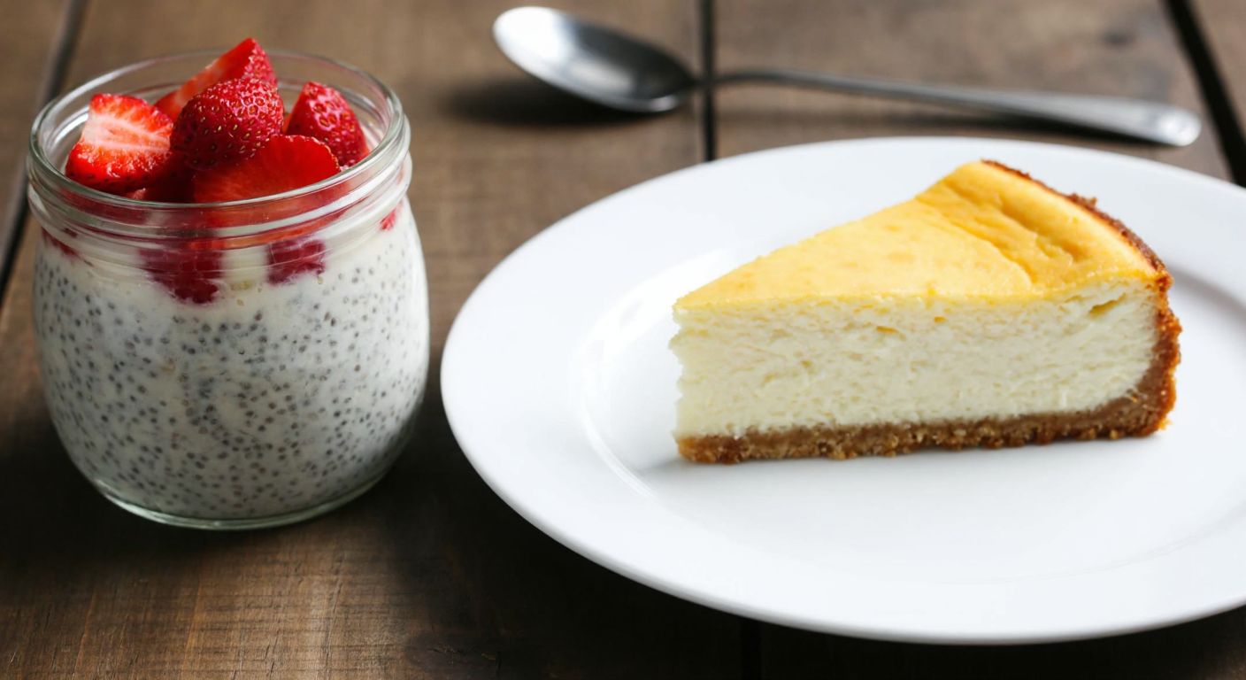 A creamy chia pudding in a glass jar with fresh strawberries on top, placed beside a slice of classic baked cheesecake on a white plate, both set on a rustic wooden table with a spoon resting nearby.