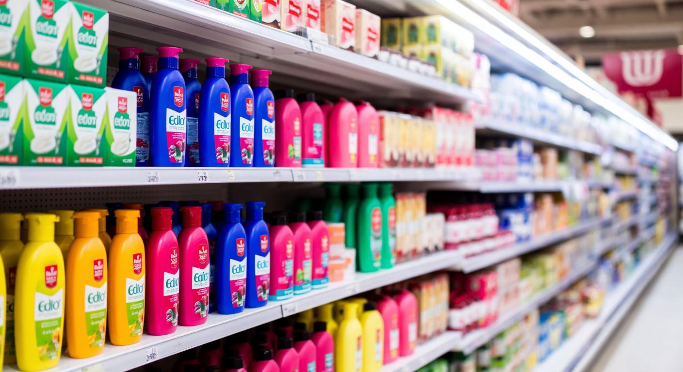 A vibrant supermarket aisle in Turkey with neatly stacked Elidor shampoo bottles on a shelf, featuring colorful packaging and the Unilever logo subtly visible in the background.