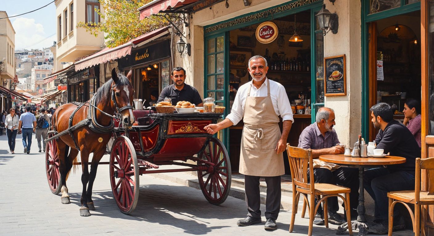 A bustling café in Van with a traditional horse-drawn carriage (fayton) parked outside, where a middle-aged Turkish man with a warm smile, wearing an apron, greets customers near the entrance.