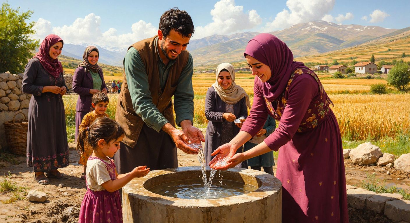 A warm, sunlit scene in a rural Turkish village, where a group of smiling people in modest clothing gather around a newly built water well, with one person pouring clean water into a child's cupped hands, surrounded by arid fields and distant mountains.