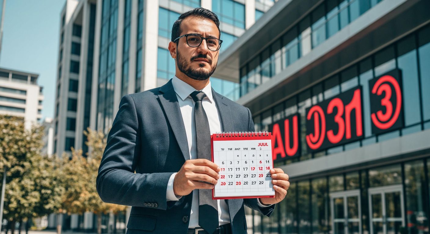 A Turkish businessman in a crisp suit stands in front of a modern bank building, holding a calendar with red circles around July and September dates, while a news ticker scrolls financial headlines in the background.