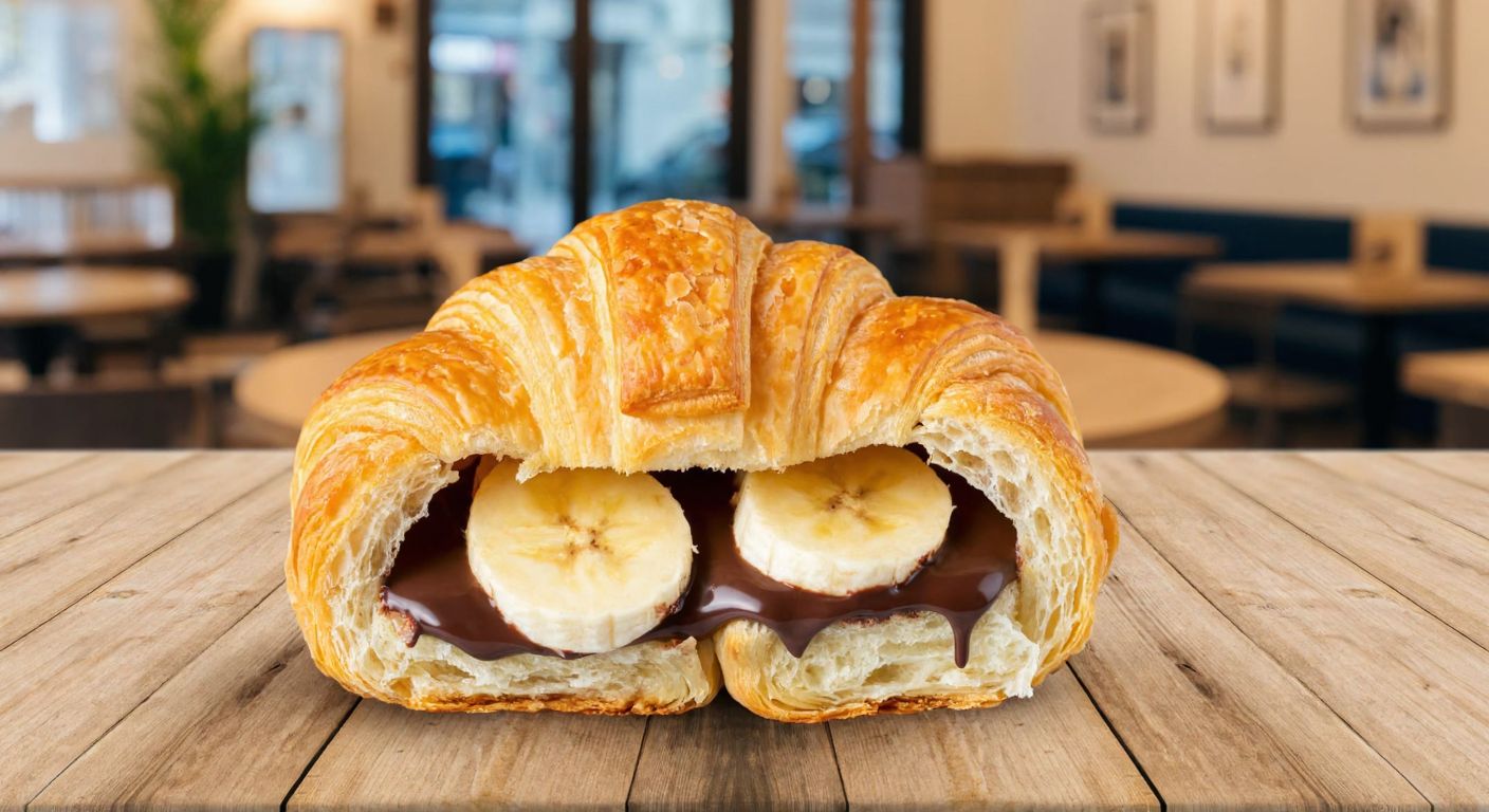 A golden, flaky croissant from Bolu, sliced open to reveal a rich filling of Lotus cream, sliced bananas, and melted dark and white chocolate, placed on a rustic wooden table with a backdrop of a cozy Turkish café.