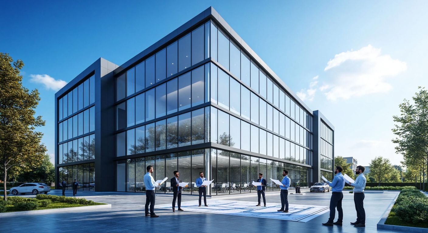 A modern office building in Turkey with a sleek glass facade, surrounded by workers in professional attire, holding blueprints and discussing near a natural gas pipeline model, under a bright sky.
