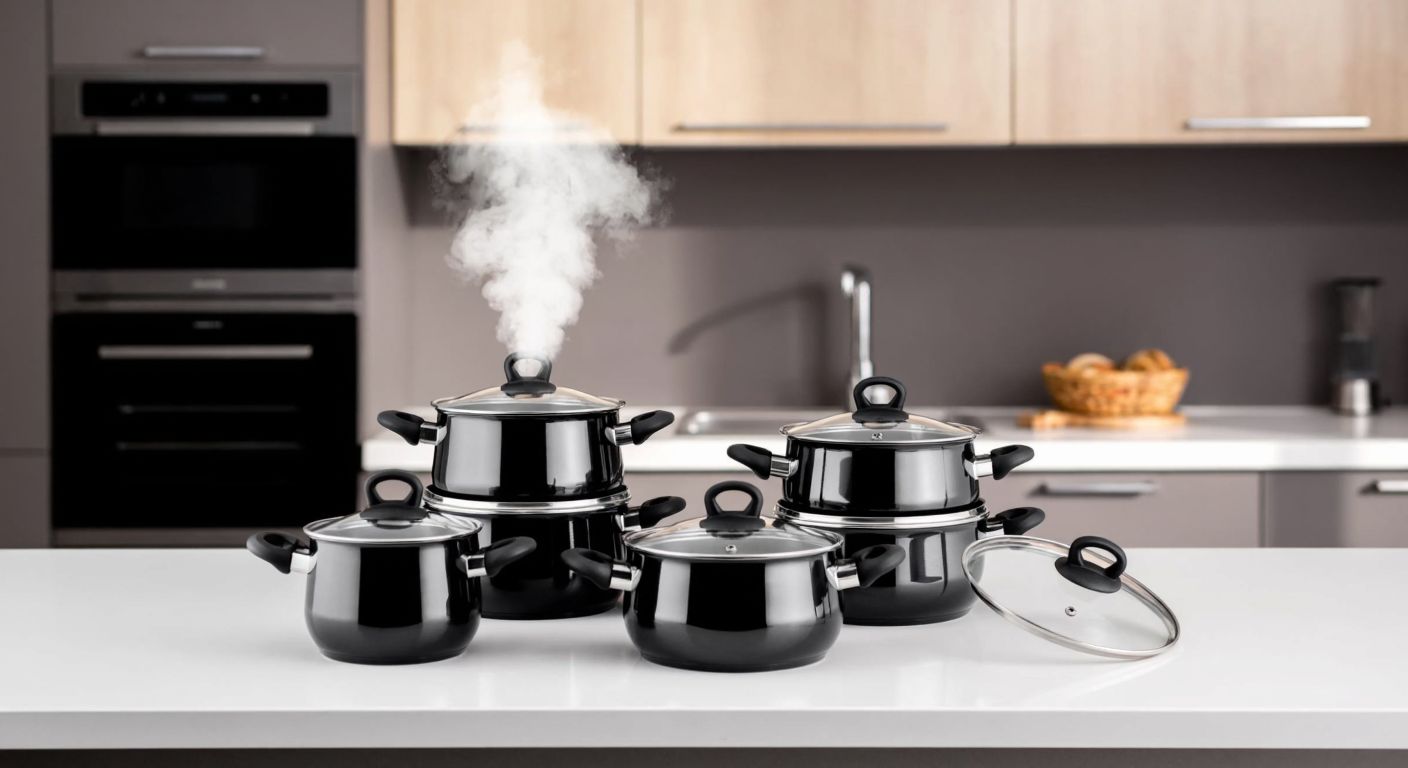 A sleek, shiny black six-piece midi pot set with a reflective Swiss Crystal coating, neatly arranged on a modern kitchen counter in Turkey, with steam rising from one pot as if freshly used.