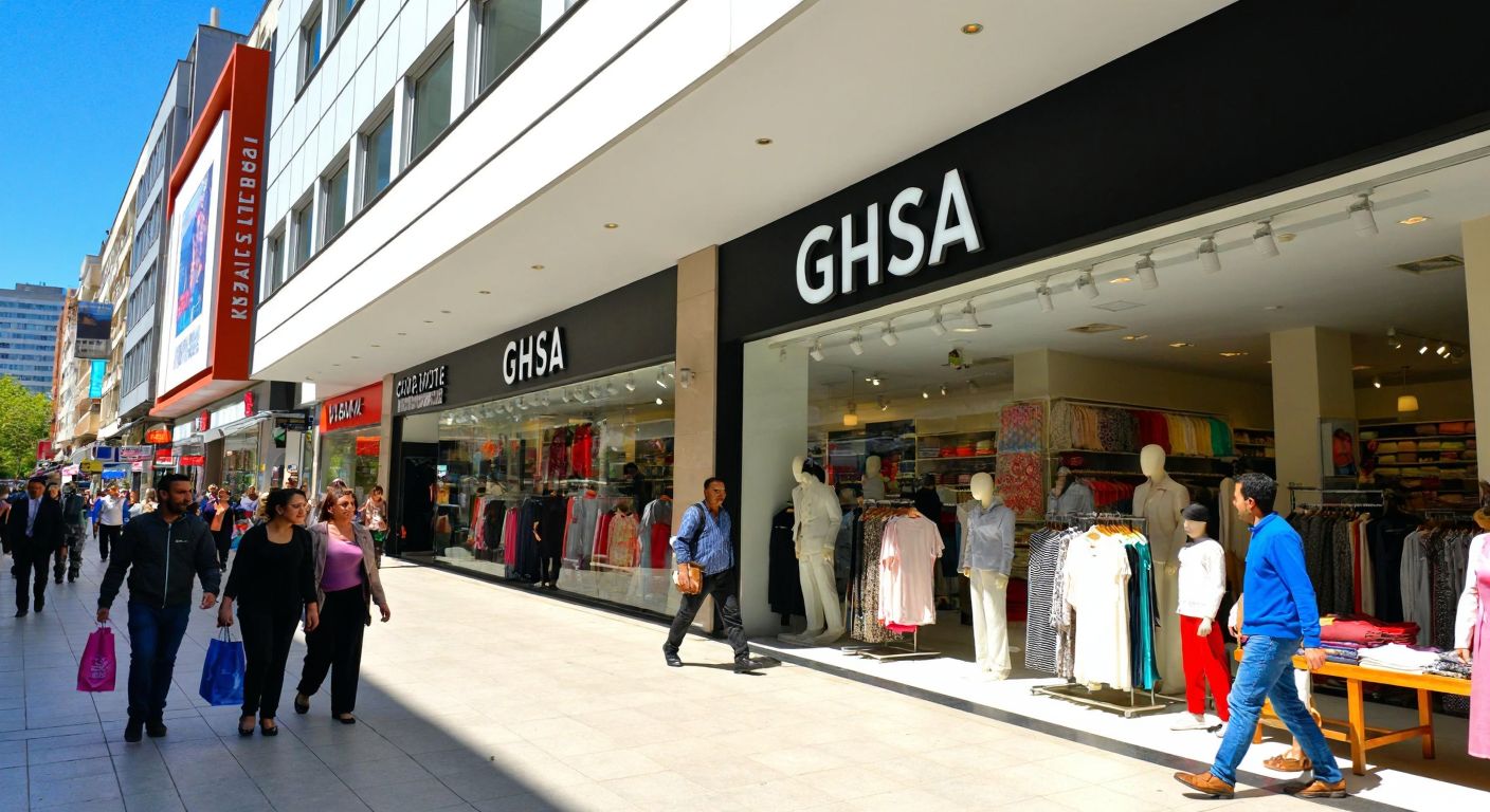 A bustling street in Kızılay, Ankara, with a modern Ghisa storefront displaying colorful home textiles, surrounded by pedestrians carrying shopping bags under a bright blue sky.