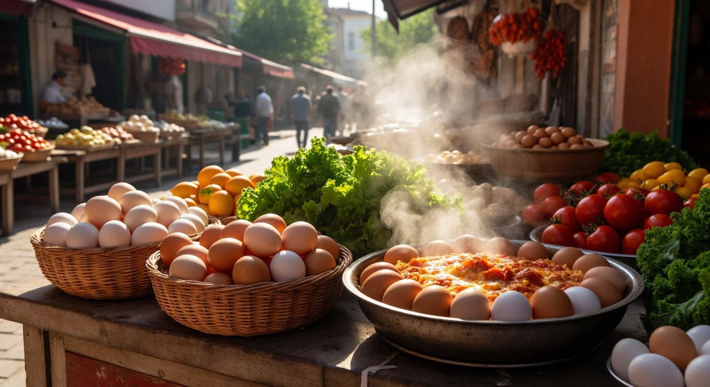 A bustling Turkish market stall with fresh eggs in woven baskets, next to a steaming plate of menemen on a rustic wooden table, surrounded by vibrant vegetables and warm sunlight.