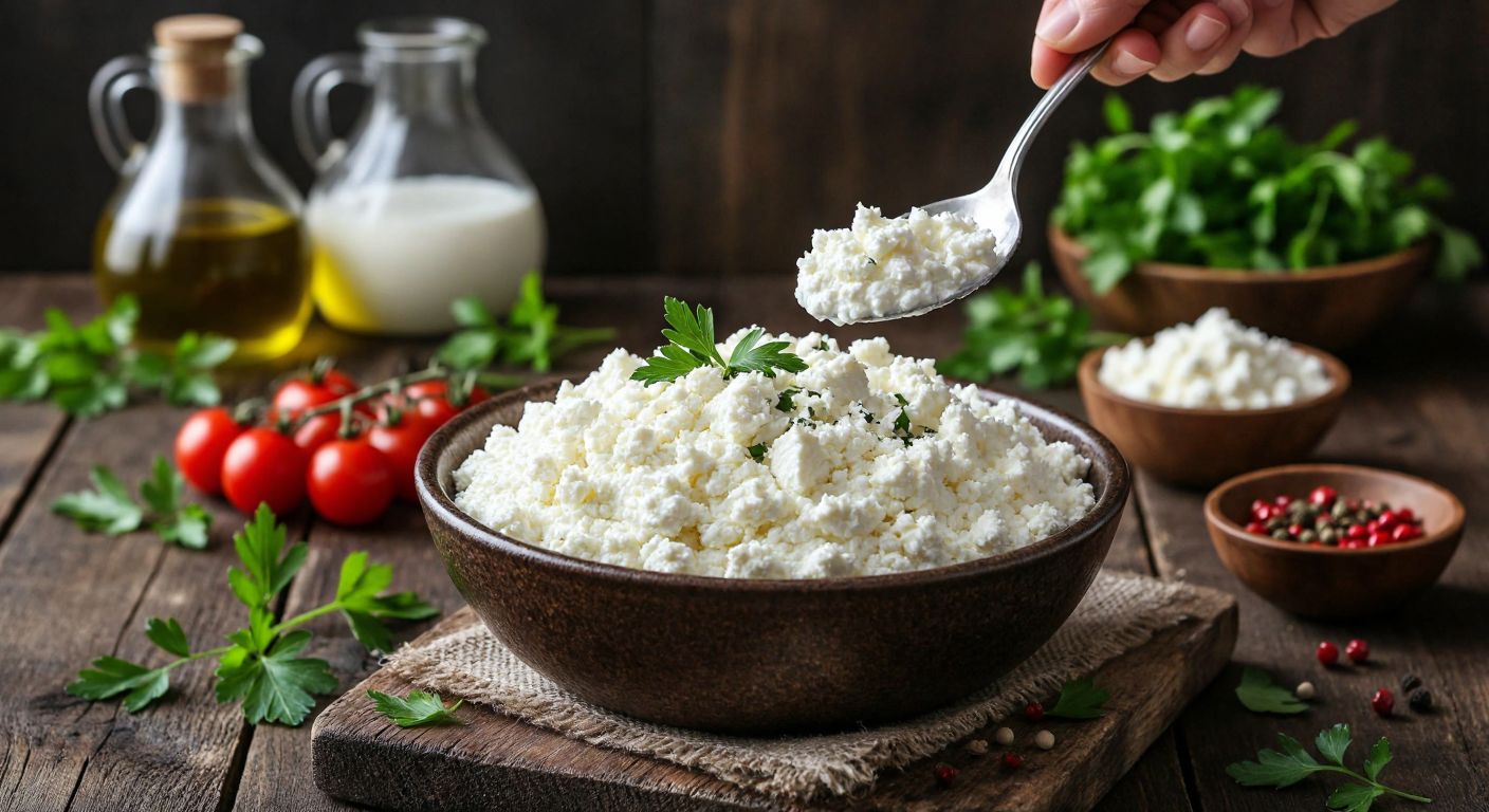 A rustic wooden table in a Turkish kitchen holds a bowl of creamy ricotta cheese being gently mixed with crumbly white lor peyniri, surrounded by fresh herbs and a drizzle of olive oil.