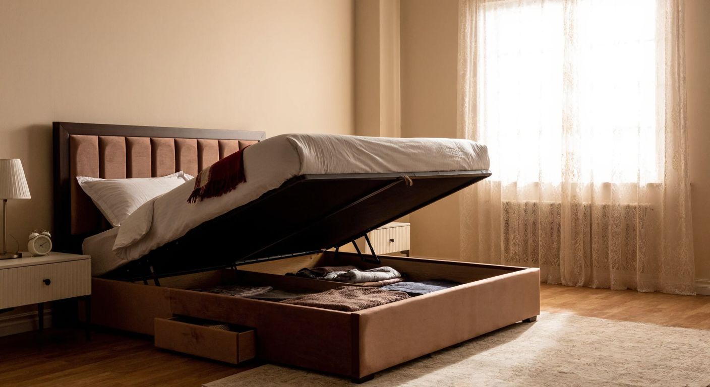 A cozy Turkish bedroom with a neatly made bed resting on a wooden *sandıklı baza* (storage bed), its drawers slightly ajar to reveal folded linens, while a plush *kumaş kaplı baza* (fabric-covered bed frame) stands nearby, both bathed in warm sunlight from a lace-curtained window.