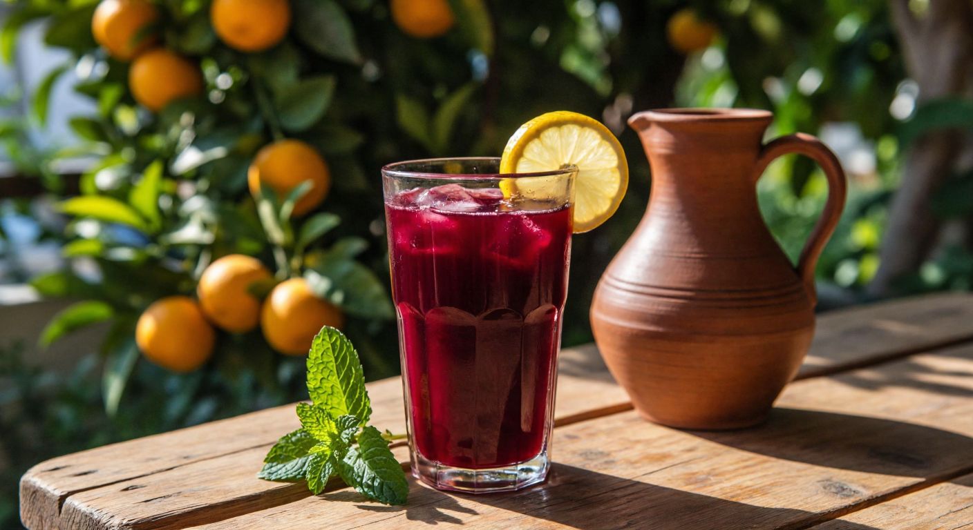 A rustic wooden table in Adana holds a tall glass of deep red şalgam juice, garnished with a slice of lemon and a sprig of fresh mint, with sunlit citrus groves and a traditional clay pitcher in the background.