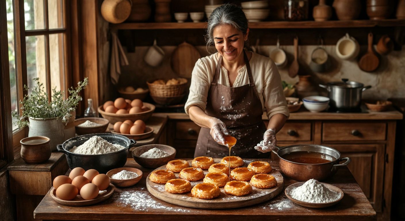 A warm Turkish kitchen with a wooden table displaying golden-brown demir tatlısı pastries drizzled with syrup, surrounded by bowls of flour, eggs, and a bubbling pot of syrup, with a smiling middle-aged woman in an apron shaping dough by hand.
