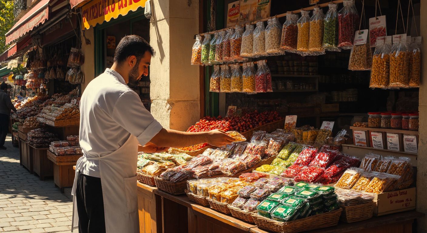 A Turkish marketplace stall displaying colorful packaged goods with barcodes, where a vendor in a white apron hands a product to a curious customer under warm sunlight.