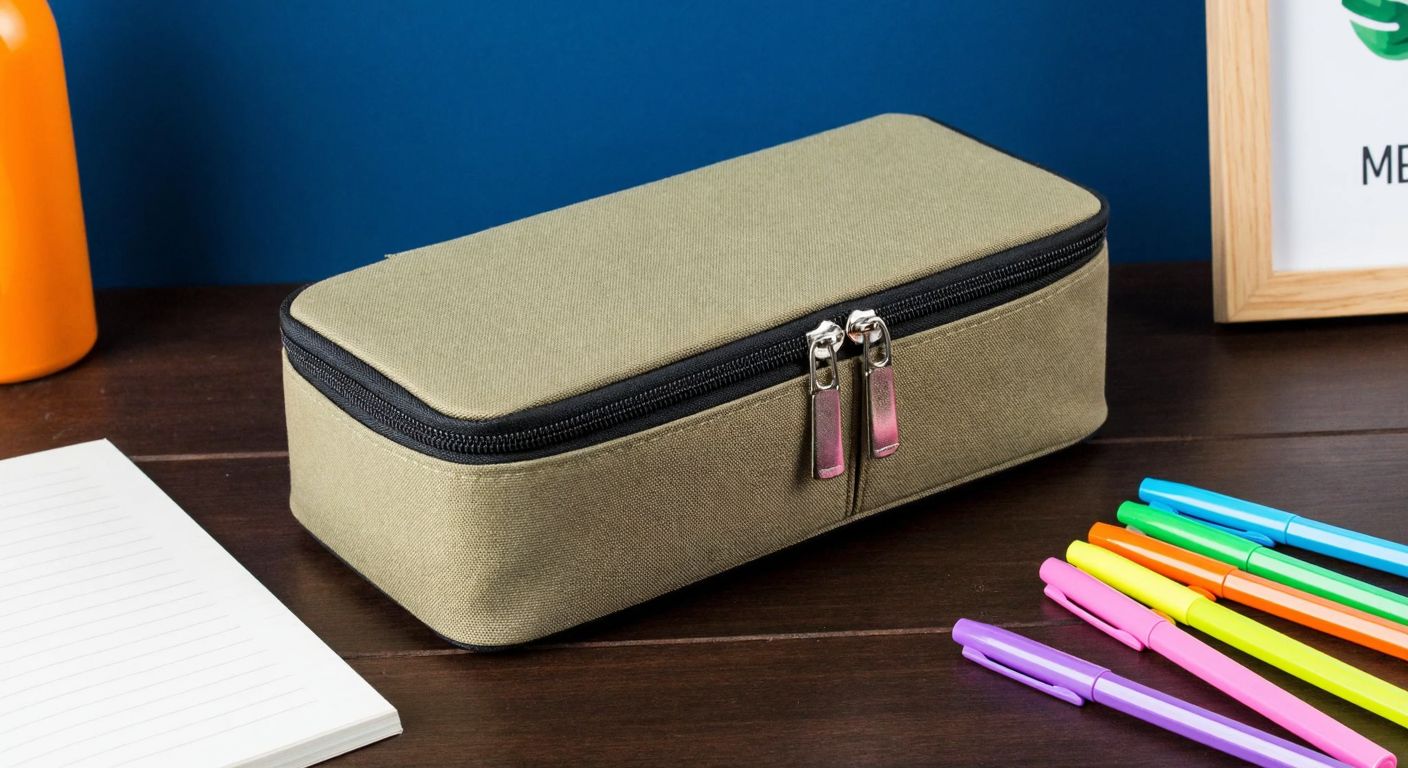 A sturdy khaki fabric pencil case with two compartments and a zipper, placed neatly on a wooden desk beside colorful pens and pencils, evoking a sense of durability and organization.
