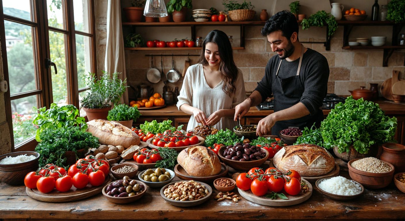 A vibrant Turkish kitchen table overflowing with fresh whole foods like ripe tomatoes, olives, whole grain bread, nuts, and leafy greens, surrounded by a smiling family preparing a meal together.