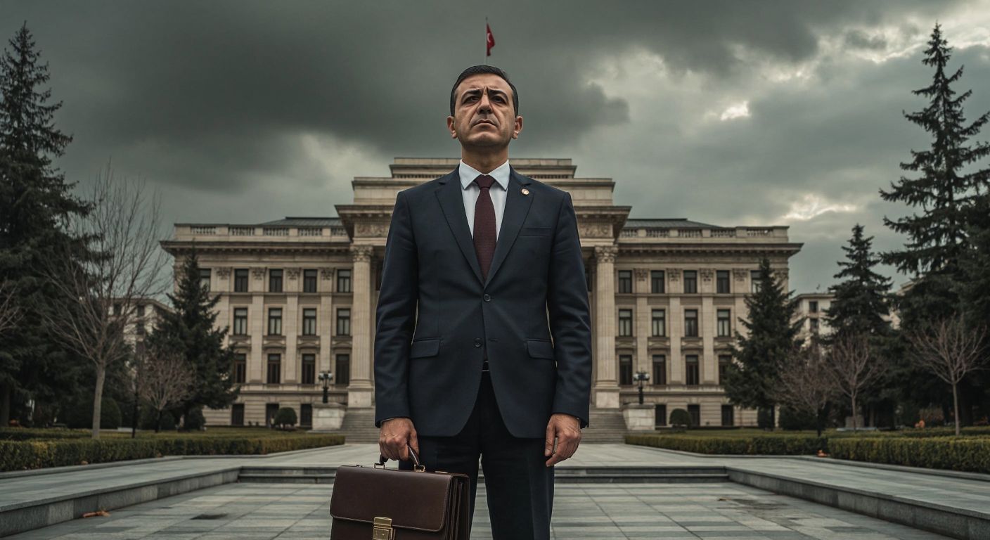 A solemn Turkish businessman in a dark suit stands outside the Central Bank of Turkey, holding a briefcase with a resigned expression, while a distant presidential palace looms under a cloudy sky.