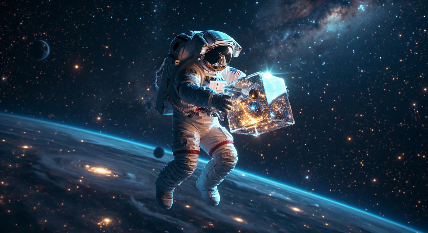 A glowing astronaut floating in the darkness of space, holding a transparent cube filled with shimmering stars and planets, symbolizing an MP4 file containing cosmic footage.