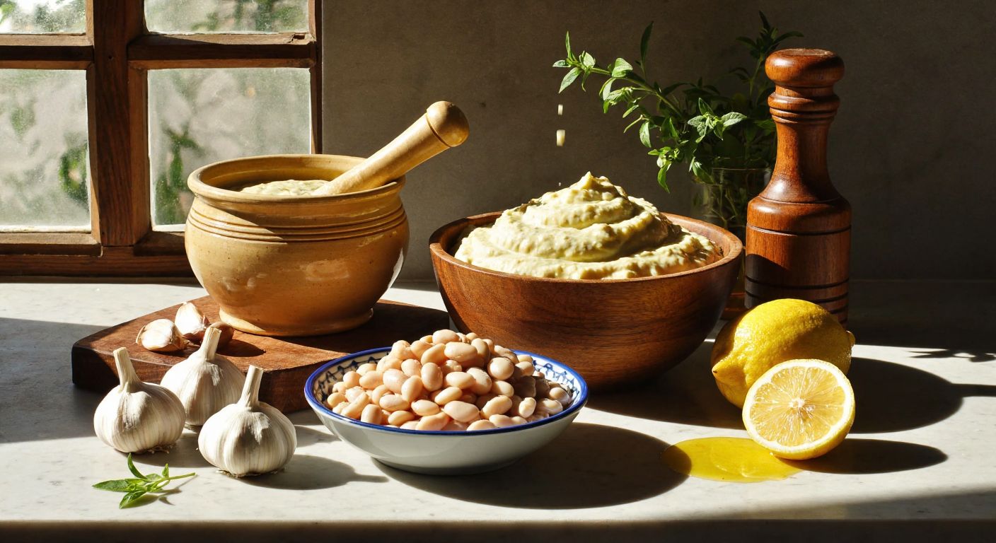 A sunlit Turkish kitchen with a wooden mortar and pestle crushing garlic, a bowl of mashed white beans, a golden tahini jar, and a freshly squeezed lemon beside a drizzle of olive oil, evoking the vibrant flavors of Antalya-style piyaz sauce.