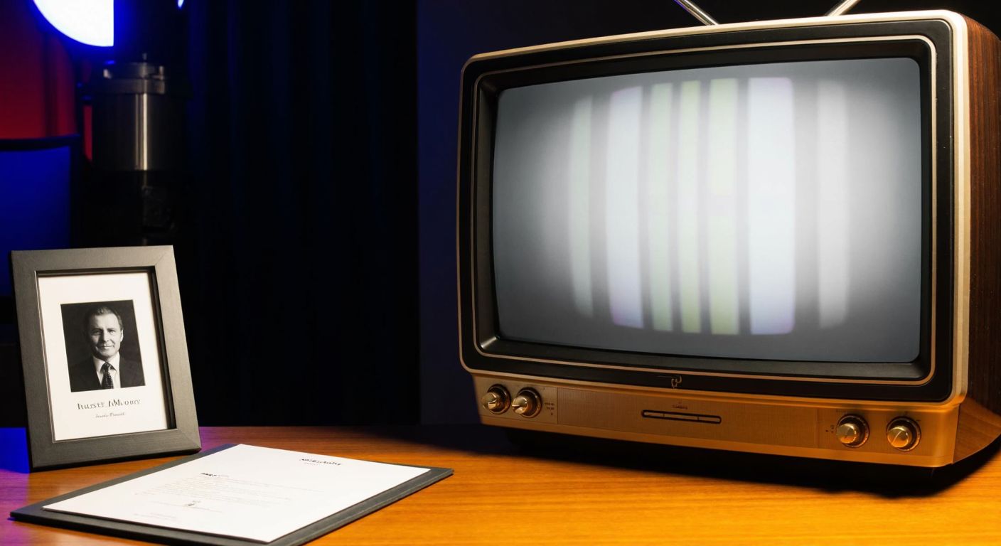 A sleek, vintage-style television set displaying a blurred test pattern, placed on a wooden table in a dimly lit Istanbul studio, with a framed photo of a media mogul and a legal document folder nearby.