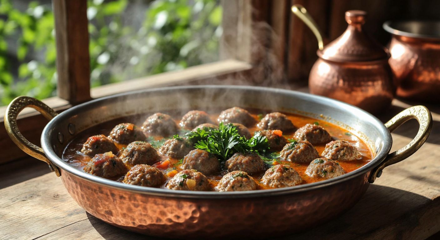 A steaming bowl of **ekşili sulu köfte** with tender meatballs in a tangy broth, garnished with fresh parsley, placed on a rustic wooden table in a sunlit Gaziantep kitchen, surrounded by traditional Turkish copper cookware.