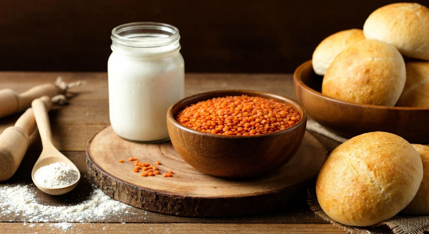 A warm, rustic kitchen with a wooden table displaying a bowl of red lentils, a jar of creamy yogurt, and freshly baked golden-brown bread, surrounded by scattered flour and a wooden spoon.