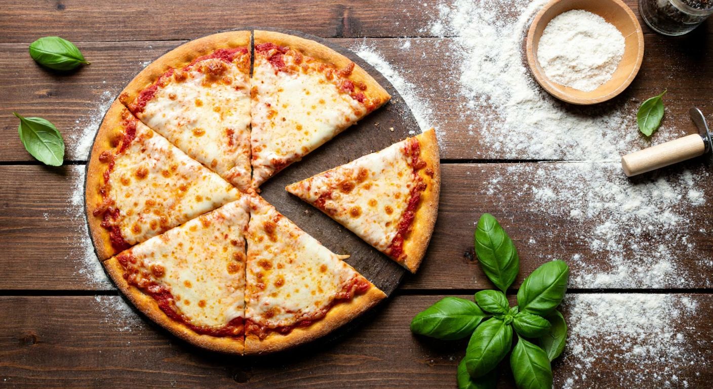 A large, round pizza with a golden crust and melted cheese, cut into three uneven slices on a wooden table, surrounded by scattered flour and fresh basil leaves.