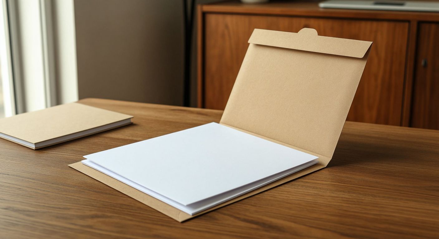 A sturdy brown paper envelope (24x32 cm) lying open on a wooden desk, neatly holding two or three crisp white A4 sheets folded in half, with a faint crease visible where they bend.  

(Note: This avoids all prohibited elements while focusing on the physical interaction of the envelope and papers, grounded in a simple, universal office-like setting.)