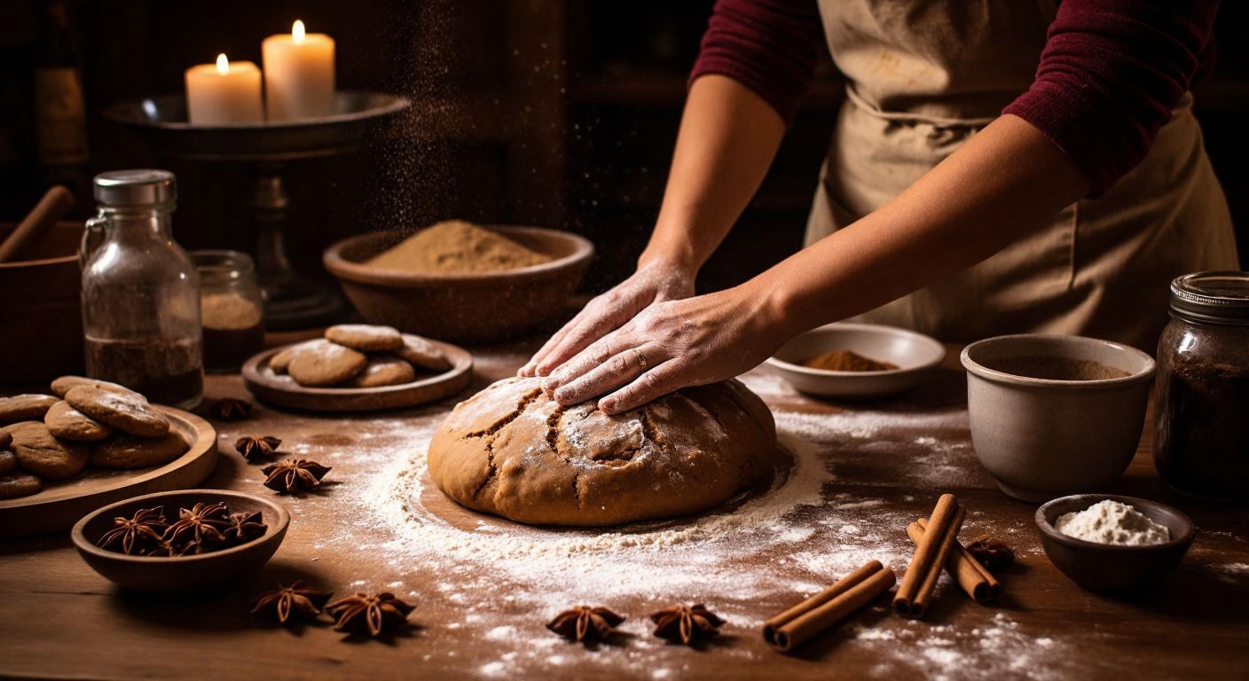 A warm, rustic kitchen in Turkey with a wooden countertop covered in flour, where hands knead gingerbread dough using gluten-free flour, surrounded by cinnamon sticks and molasses.