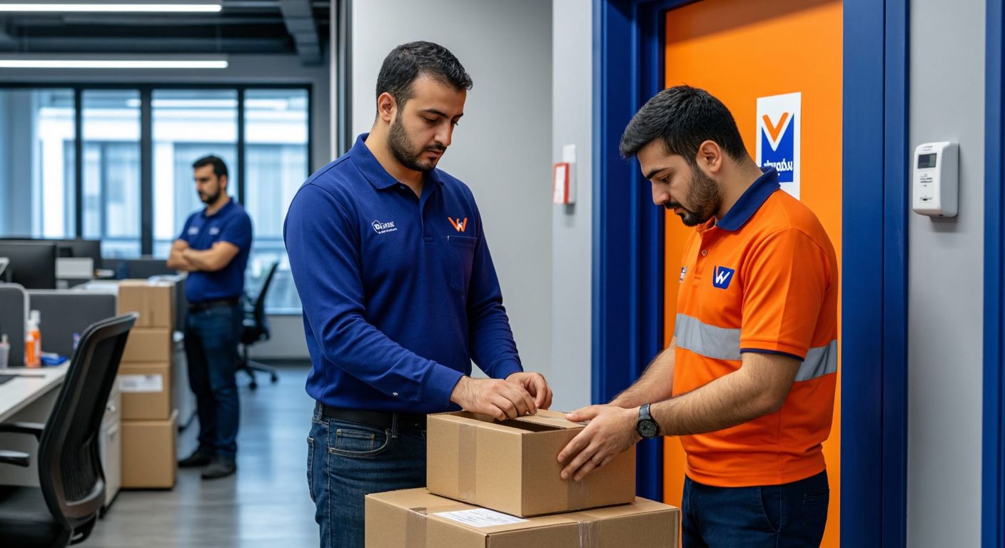 A focused Turkish businessperson in a bustling Istanbul office carefully packaging a box while a uniformed Yurtiçi Kargo courier waits attentively by the door.