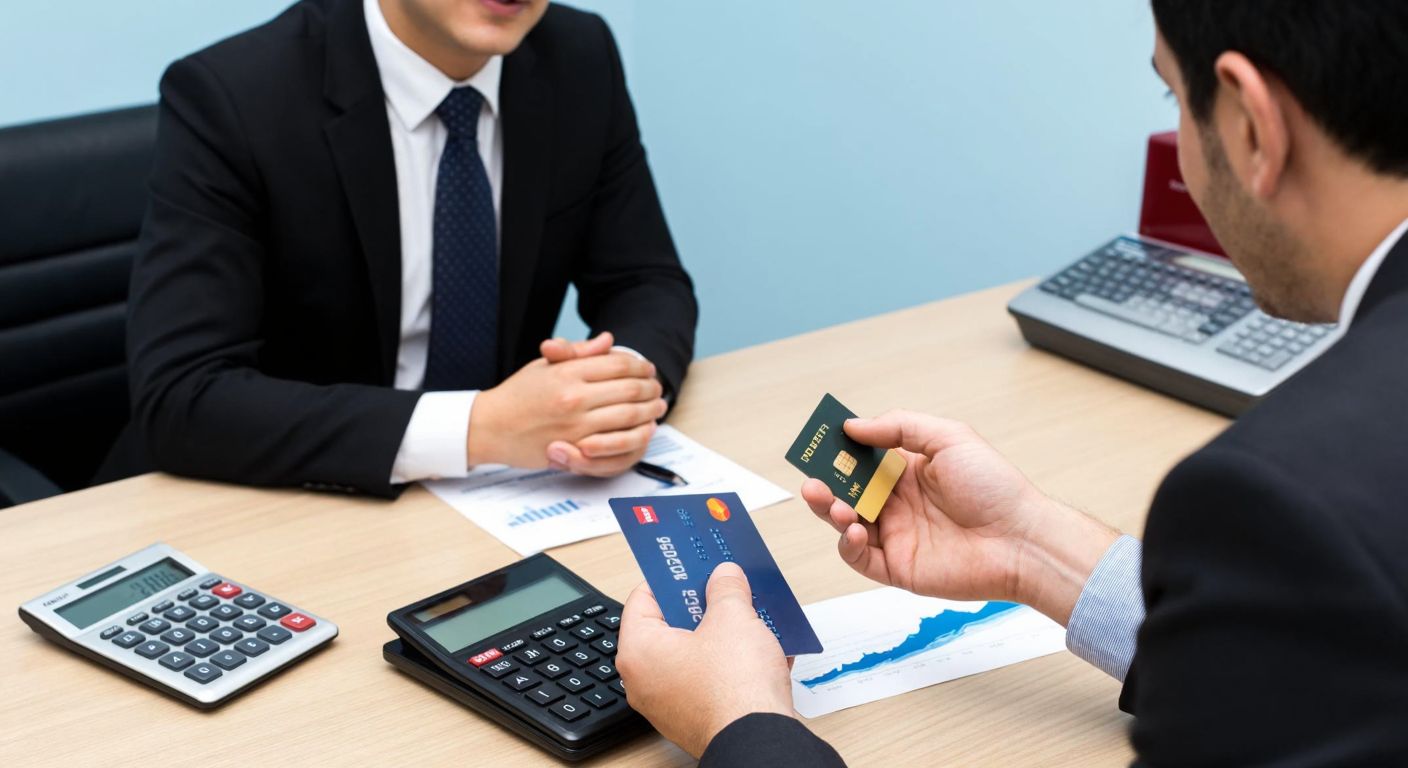 A Turkish bank employee in a formal setting explains currency conversion to a customer holding a credit card, with a calculator and exchange rate charts on the desk.