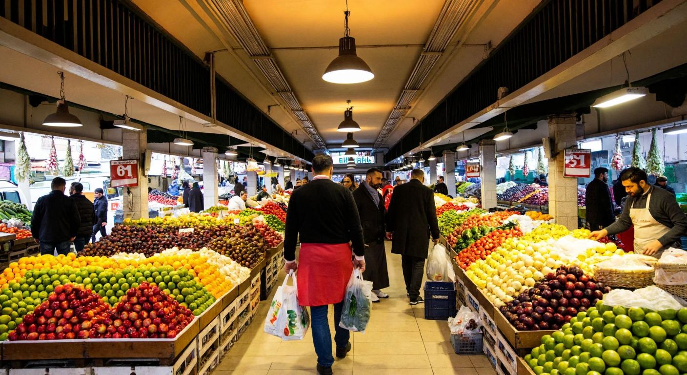 A bustling indoor marketplace in Bayrampaşa, filled with colorful stacks of fresh fruits and vegetables, vendors in aprons arranging produce, and shoppers carrying woven bags under warm hanging lights.