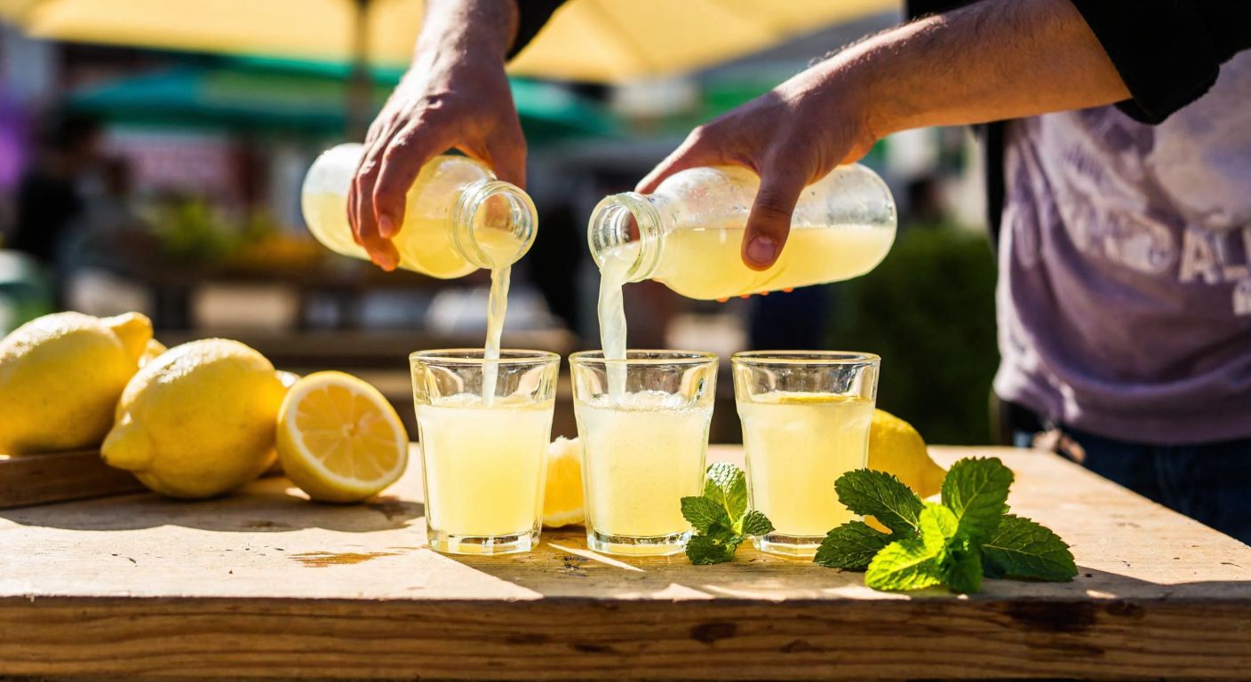 A cheerful Turkish street vendor pouring fresh lemonade from two glass bottles into small, clear glasses on a sunlit wooden table, surrounded by sliced lemons and mint leaves.