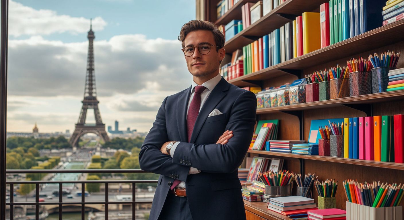 A French businessman in a classic suit stands proudly beside a colorful display of school supplies, with the Eiffel Tower faintly visible in the background.