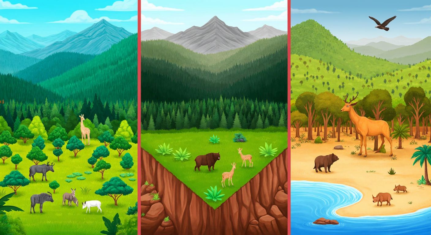 A vibrant, split-screen illustration showing four distinct landscapes—mountains dividing populations, a dense forest with varied species, overlapping grassland and desert zones, and a small isolated island—each representing a different speciation process, with stylized animals evolving uniquely in their environments.