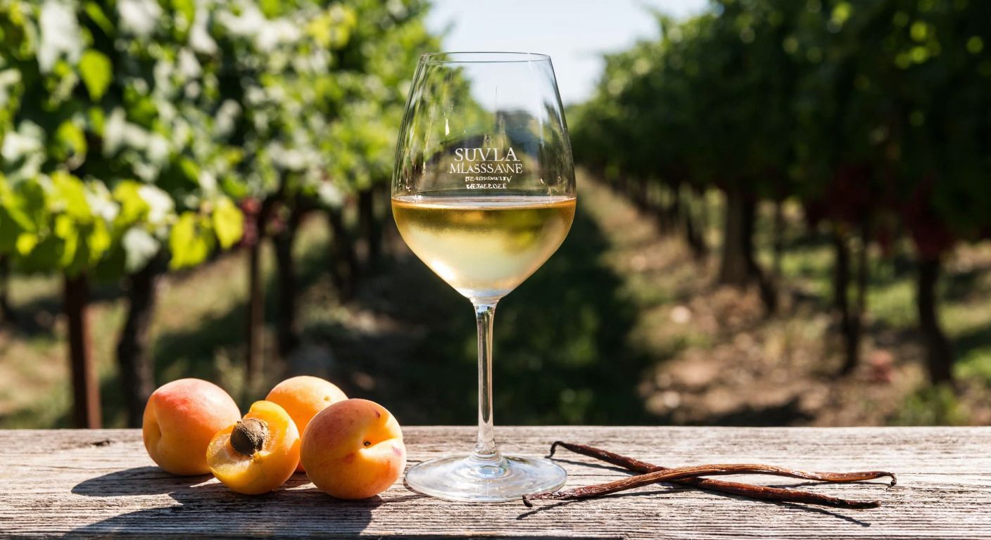 A golden-hued wine glass filled with Suvla Roussane-Marsanne Reserve rests on a rustic wooden table in a sunlit vineyard in Gelibolu, with ripe apricots and vanilla pods scattered nearby, evoking the wine's aromatic notes.