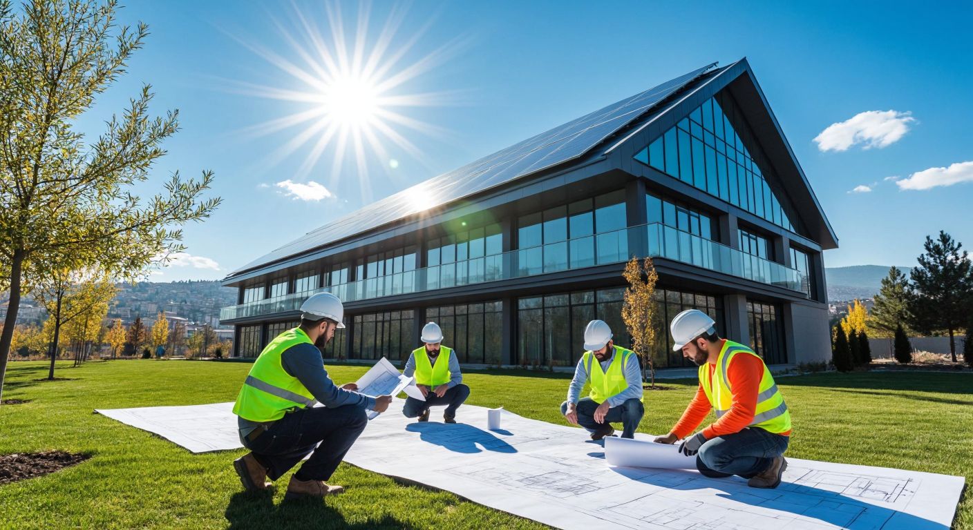 A modern office building in Ankara with solar panels on its roof, surrounded by engineers in hard hats reviewing blueprints under a bright sun, symbolizing renewable energy innovation.