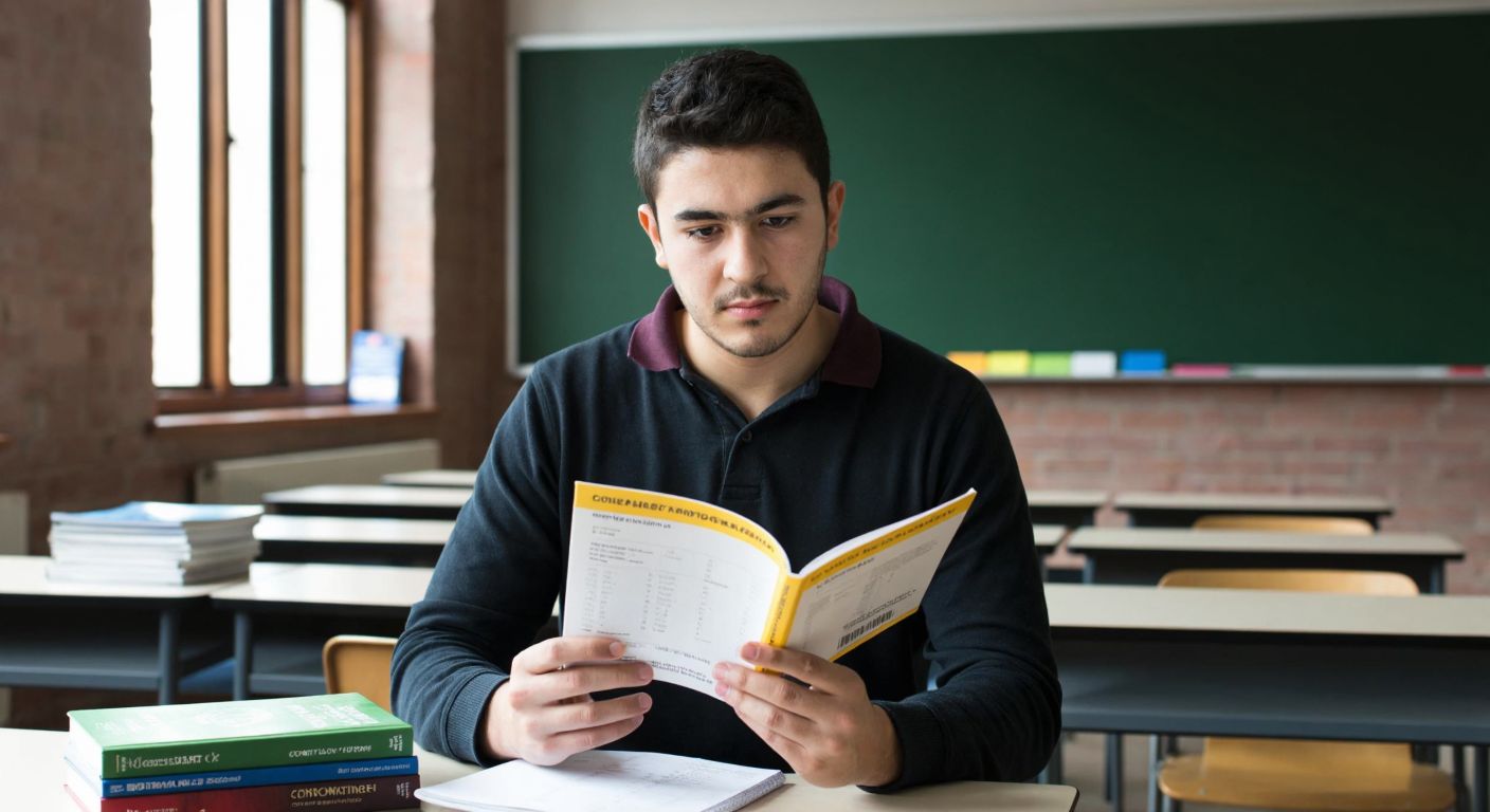 A focused Turkish student in a classroom setting, holding a calculator and a competition flyer, with a determined expression and a stack of math books beside them.