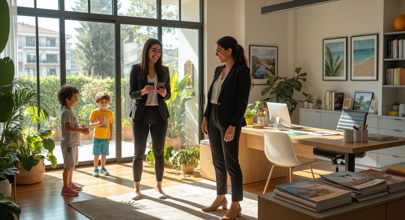 A cheerful Turkish woman in workout clothes films herself cleaning a sunlit home while two children play nearby, and a poised businesswoman in a sleek suit stands confidently in a modern office with textile samples and travel brochures on the desk.