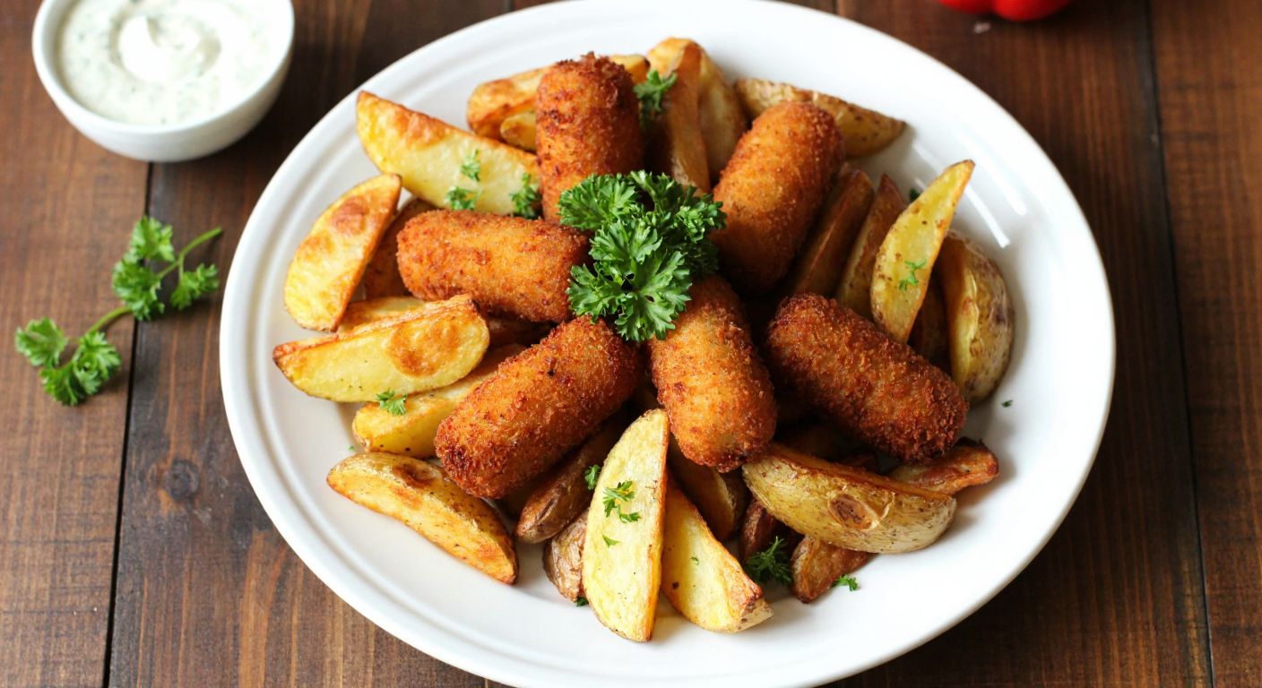 A golden-brown plate of crispy cornmeal-coated potato croquettes and oven-baked potato wedges, garnished with fresh parsley, resting on a rustic wooden table in a Turkish kitchen.