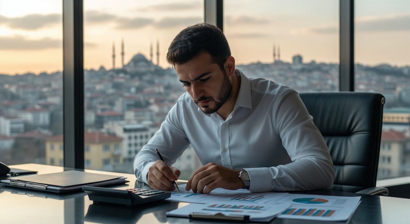 A focused Turkish businessman in a modern office, wearing a crisp shirt, carefully analyzing stock market charts on a sleek desk with a calculator and financial documents, surrounded by the Istanbul skyline visible through the window.