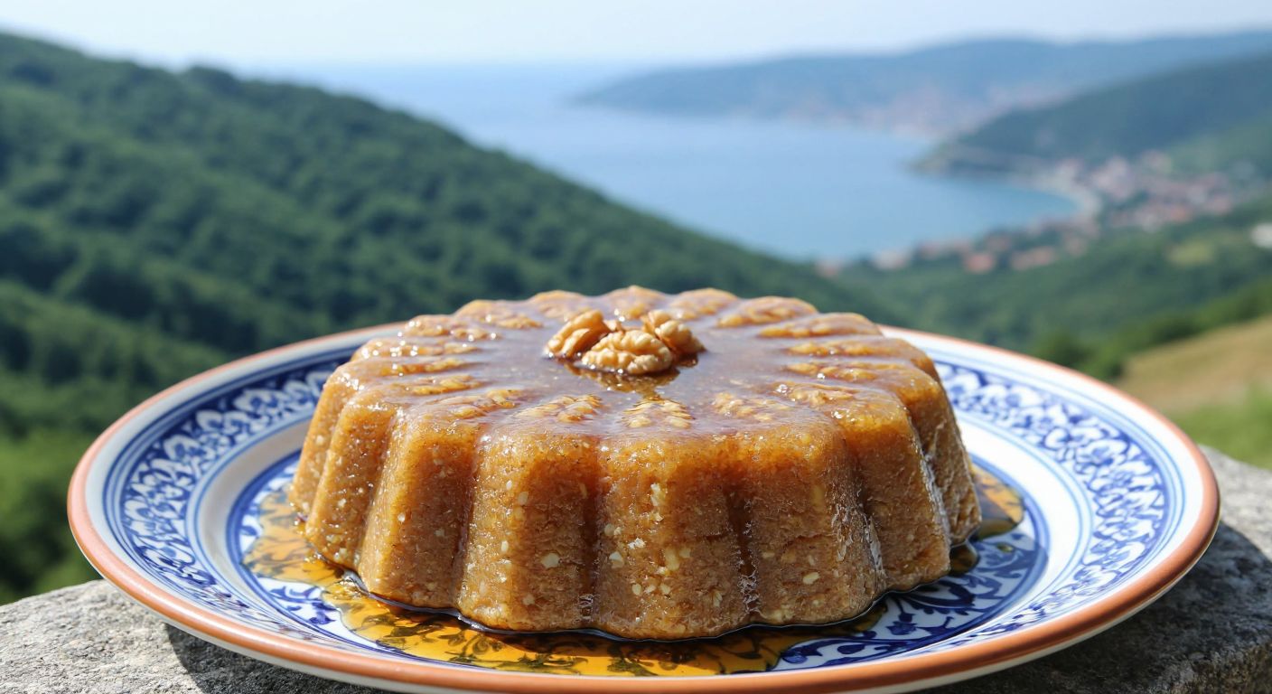 A golden-brown walnut helva (halva) glistening with syrup, served on a traditional Turkish ceramic plate against a backdrop of Ordu’s lush green hills and the Black Sea coast.