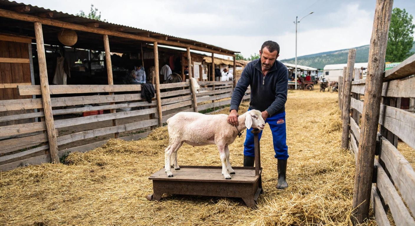 A Turkish farmer in a rural setting carefully weighing a lively lamb on a traditional livestock scale, surrounded by hay and wooden fences, with a market scene in the background.