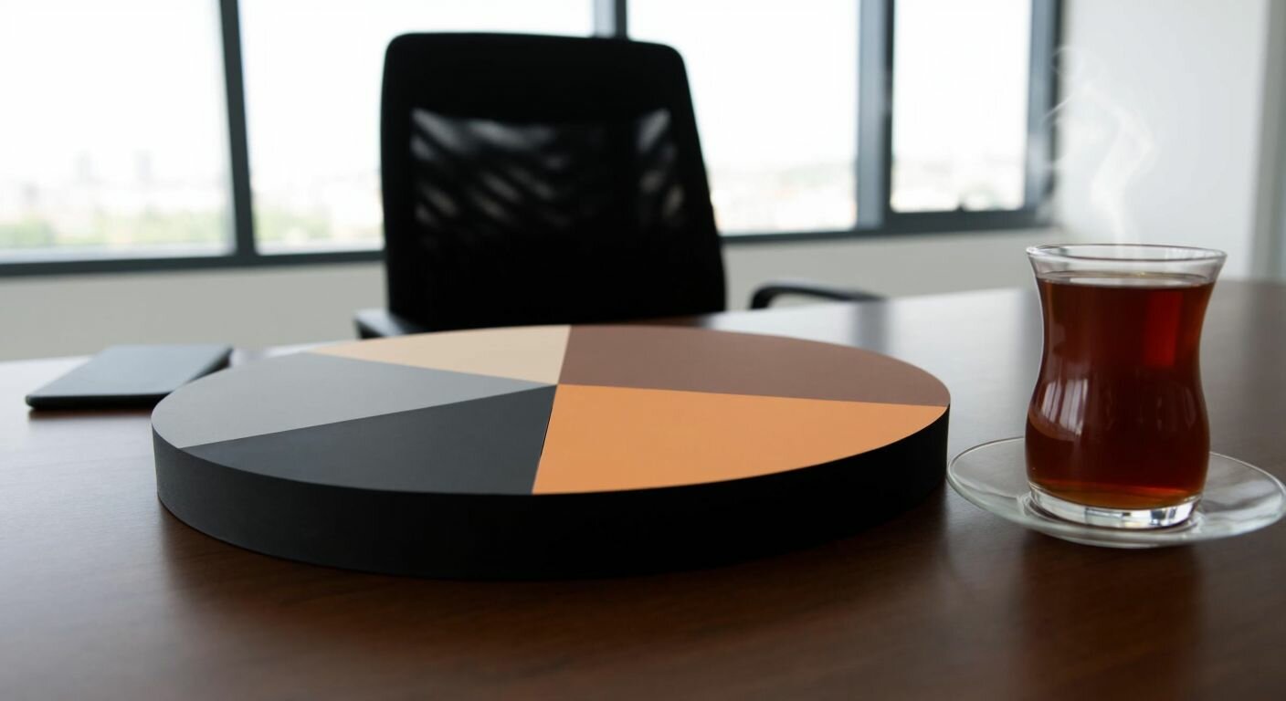 A pie chart with three distinct slices in neutral colors, representing the ownership shares of ZEDUR stock, placed on a wooden table in a modern Turkish office setting with a glass of steaming çay beside it.