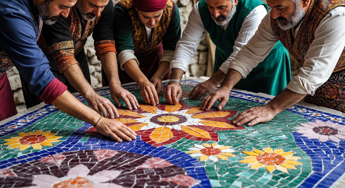 A group of diverse Turkish people in traditional work attire collaboratively building a vibrant mosaic, their hands interwoven as colorful tiles form a larger, more intricate pattern than any individual piece.